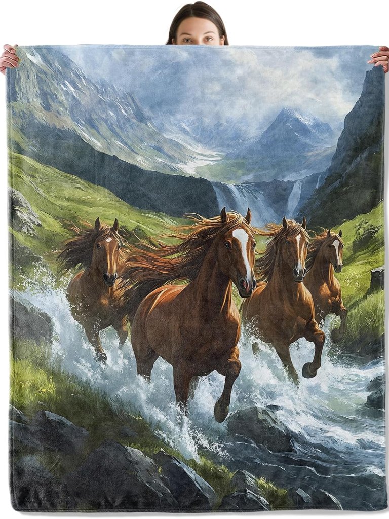 Running Horses Blanket, Cozy Flannel Stallions In Mountain Stream Throw Blanket